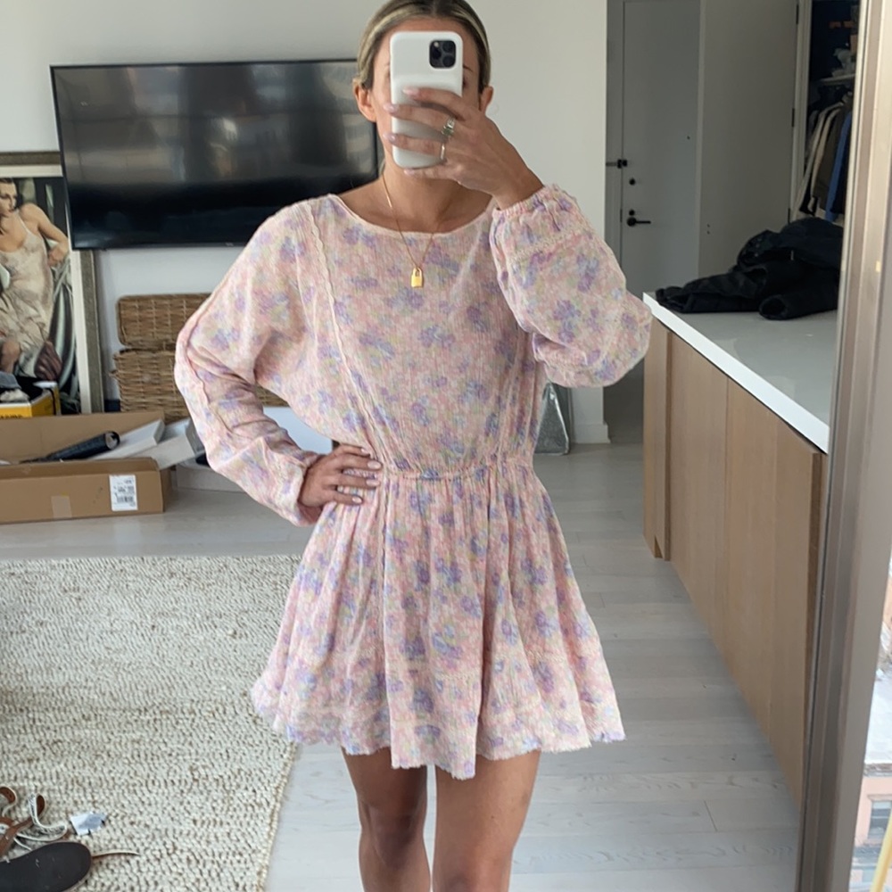 LoveShackFancy Noelle Pink Long Sleeve Garden Mini Dress with lace Small $375